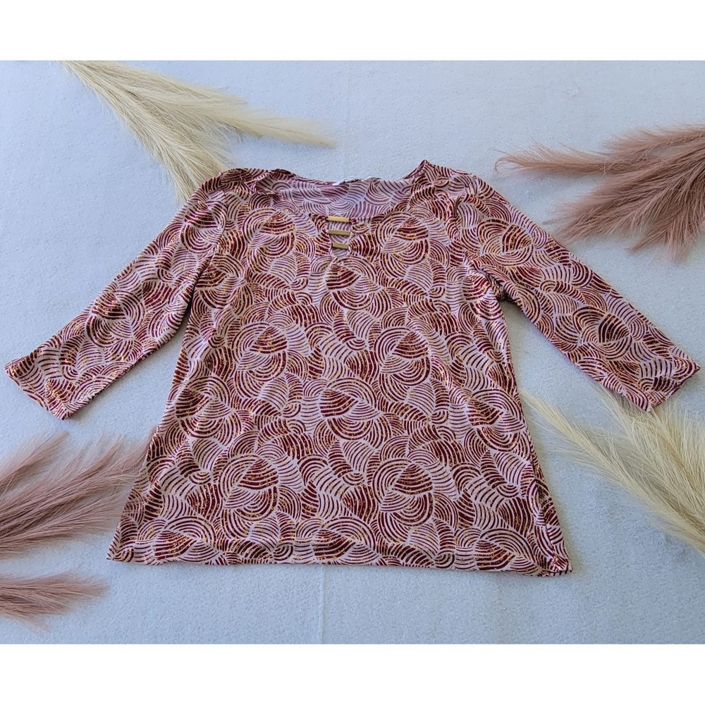 Emely Daniels Red And White 3/4 Sleeve Blouse Knit Top 3 Bar‎ Trim Top